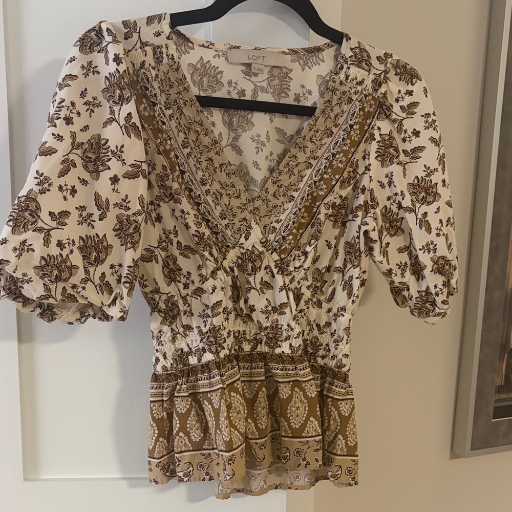 LOFT Floral Blouse - Cream and Brown (size XS)